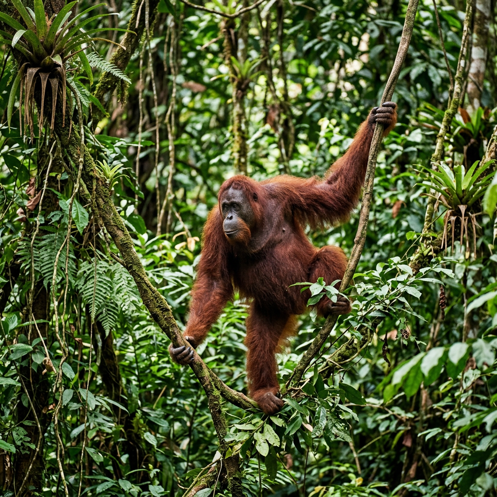 Adult orangutan holding onto two vines in a lush green rainforest